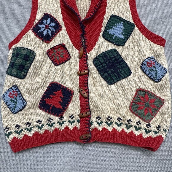 Vtg Bushwacker Womens Small Patchwork Holiday Sweater Vest Red Beige Button Knit - Picture 9 of 15
